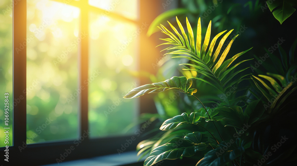 Lush green plants basking in morning sunlight by window Lush green plants basking in morning sunlight by window