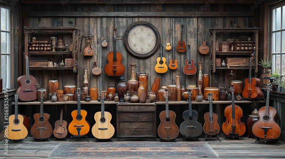 Naklejka premium A collection of musical instruments is displayed against a wooden background, highlighting the beauty and diversity of sound.