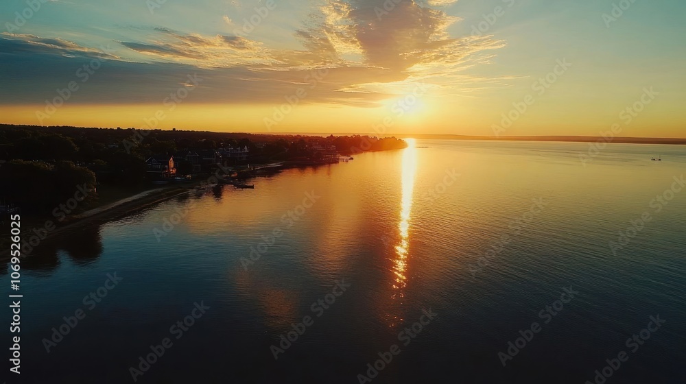 Fototapeta premium A serene sunset over a calm lake, reflecting golden hues and clouds, creating a tranquil atmosphere.