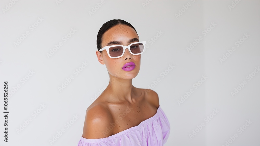 Stylish woman wearing bold white sunglasses, lilac off-shoulder dress, vibrant minimalist look, clean white background, confident and trendy summer fashion, chic portrait, copy space for text.
Stylish woman wearing bold white sunglasses, lilac off-shoulder dress, vibrant minimalist look, clean white background, confident and trendy summer fashion, chic portrait, copy space for text.