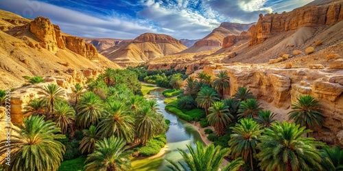 Oasis of Nefta, Chebika, nestled between canyons with lush green palm trees, oasis, Nefta, Chebika, canyons, green, palm trees photo