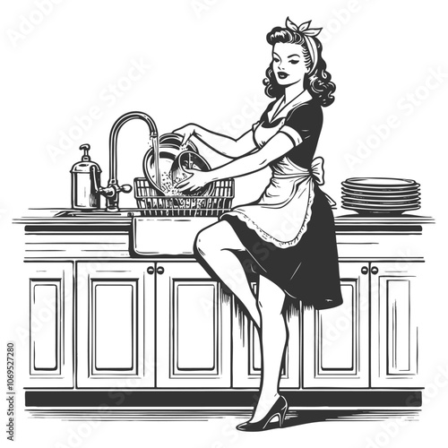 smiling retro housewife washing dishes at the sink, bubbly water sketch engraving generative ai fictional character vector illustration. Scratch board imitation. Black and white image.
