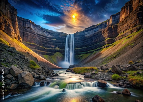 Hengifoss, East Iceland: A majestic nighttime waterfall. photo