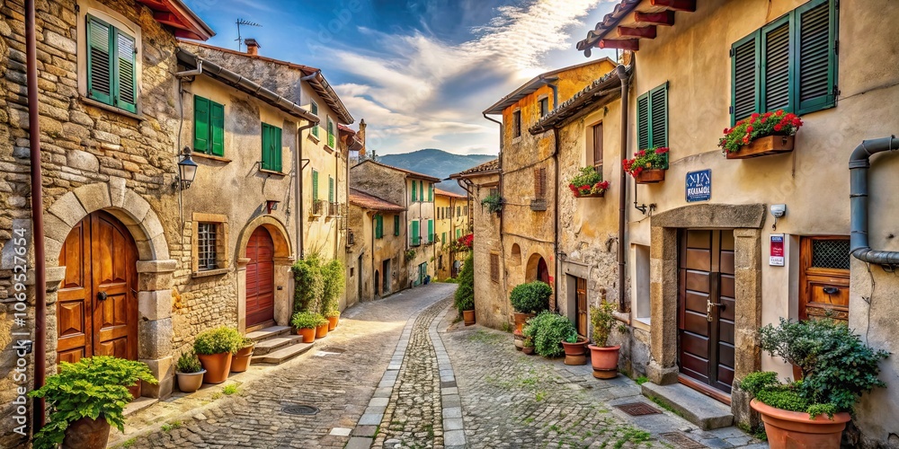 Fototapeta premium Old houses lining a charming street in Pietrabbondante, Italy , Italy, Molise, village, street, old houses