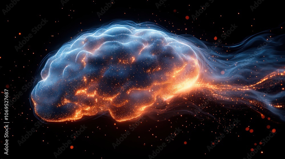 A glowing, blue and orange brain with wispy smoke and stars in the background. A glowing, blue and orange brain with wispy smoke and stars in the background.