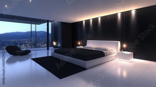 Modern Minimalist Bedroom with City View at Night