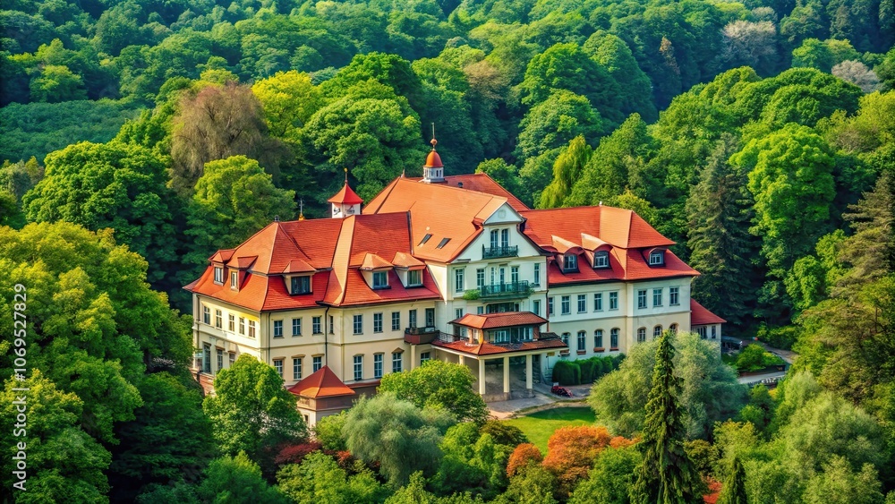 Majestic building with red roof surrounded by lush green trees, architecture, impressive, striking, vibrant, nature Majestic building with red roof surrounded by lush green trees, architecture, impressive, striking, vibrant, nature