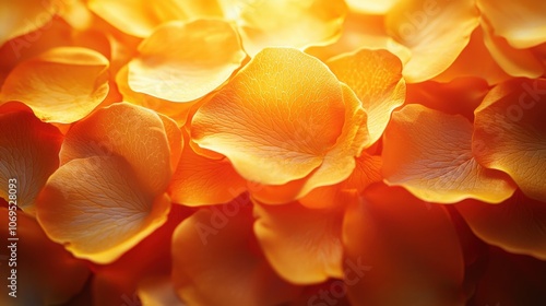 Vibrant orange rose petals scattered on a surface in soft sunlight