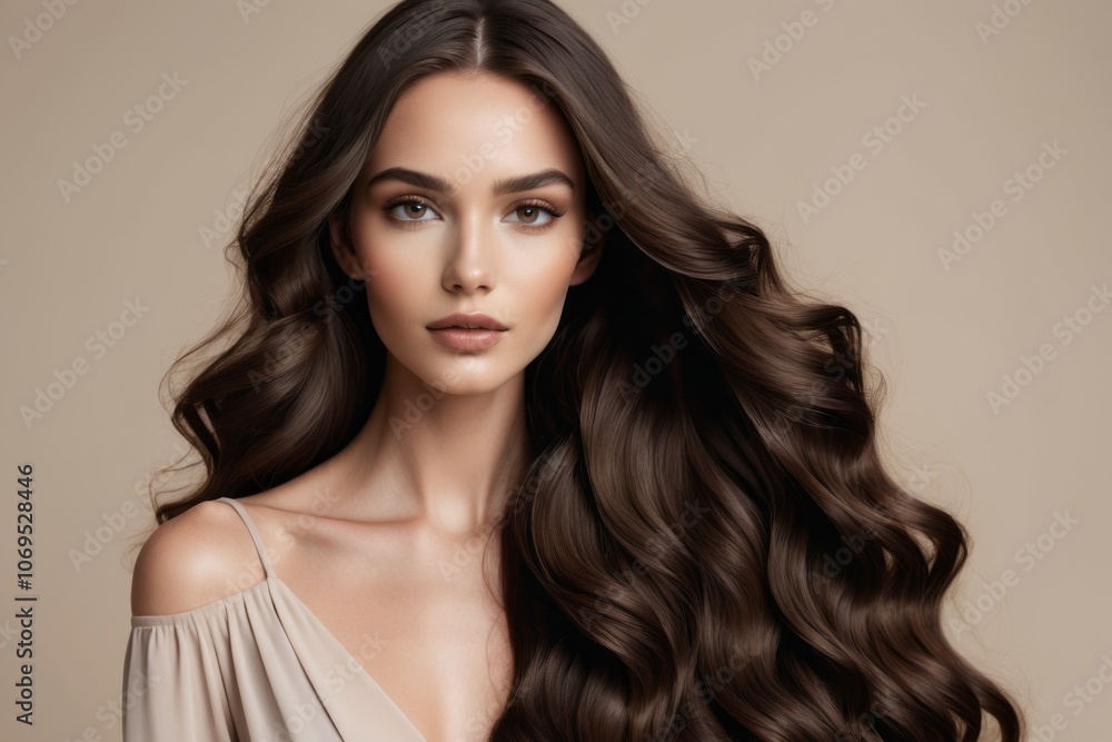 Beautiful brunette model with long, curly hair poses in a studio, showcasing flawless makeup and radiant skin Beautiful brunette model with long, curly hair poses in a studio, showcasing flawless makeup and radiant skin
