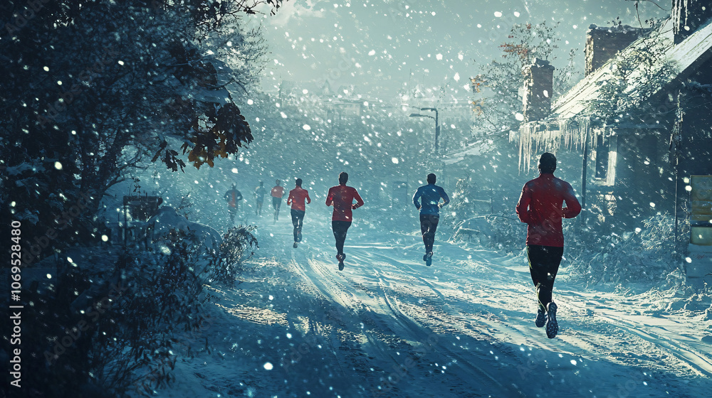 Athletes training for a Christmas marathon in snowy conditions. Athletes training for a Christmas marathon in snowy conditions.