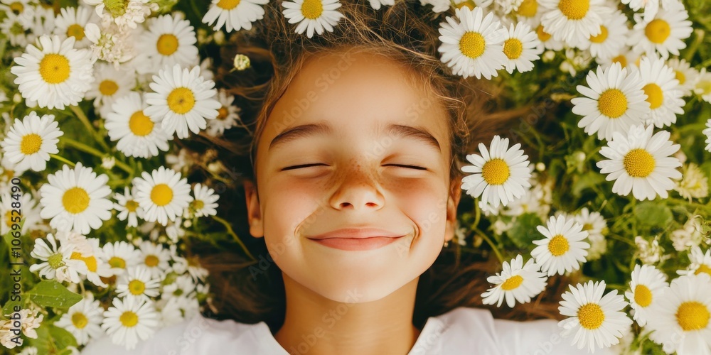 A high-angle view of a child lying in a meadow of daisies, their face smiling up at the camera, surrounded by vibrant blossoms. Soft lighting, playful and warm. A high-angle view of a child lying in a meadow of daisies, their face smiling up at the camera, surrounded by vibrant blossoms. Soft lighting, playful and warm.