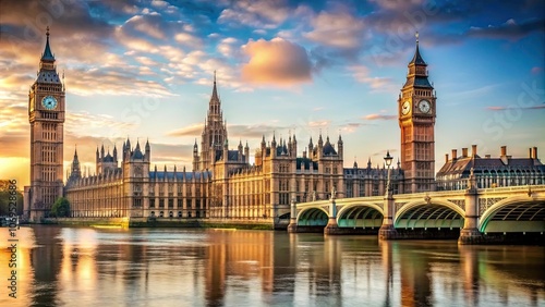 Iconic clock tower Big Ben and historic Westminster Bridge in London , London, UK, landmarks, architecture, clock tower