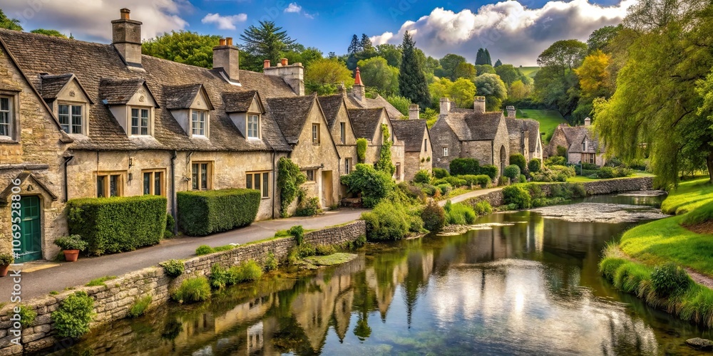Picturesque view of Bibury village in England with traditional stone cottages lining a serene river, Bibury Picturesque view of Bibury village in England with traditional stone cottages lining a serene river, Bibury