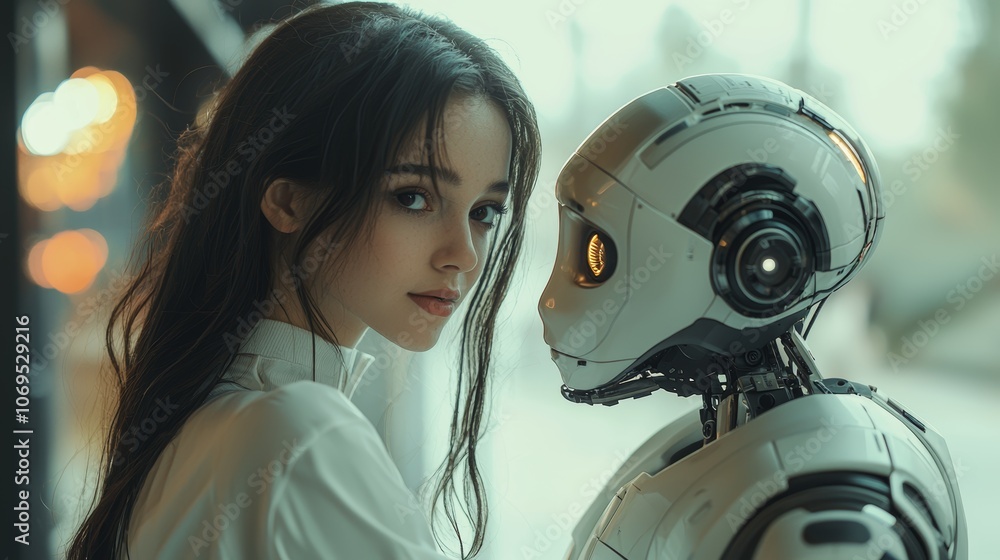 Woman and Robot Art Interaction in Modern Setting Woman and Robot Art Interaction in Modern Setting