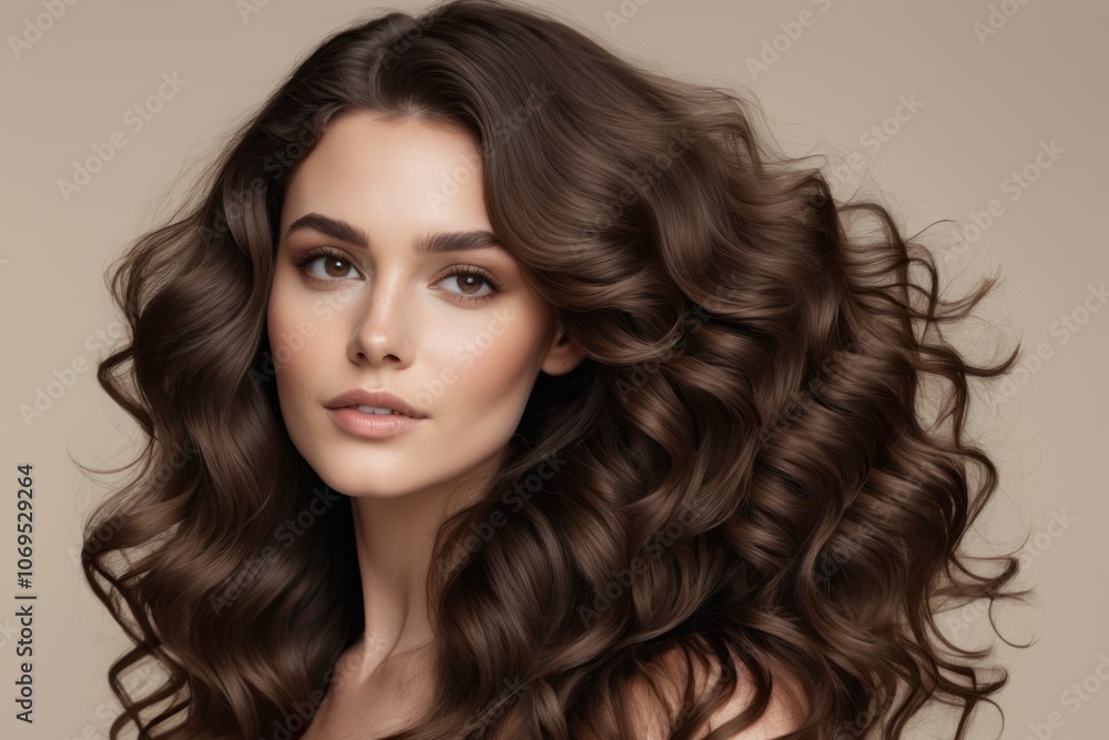 Beautiful brunette model with long, curly hair poses in a studio, showcasing flawless makeup and radiant skin Beautiful brunette model with long, curly hair poses in a studio, showcasing flawless makeup and radiant skin