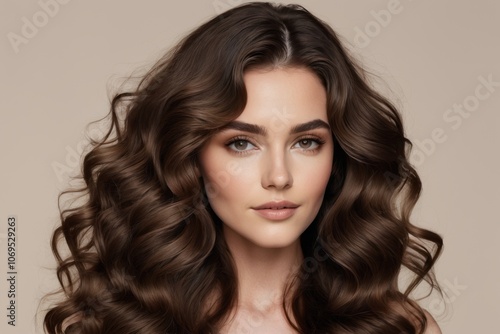 Beautiful brunette model with long, curly hair poses in a studio, showcasing flawless makeup and radiant skin