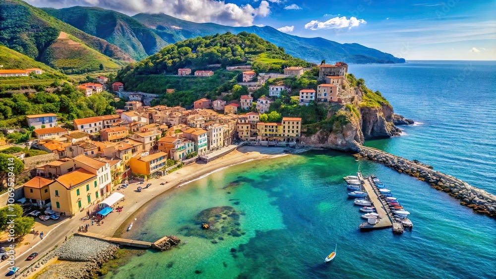 Fototapeta premium Aerial view of Framura, a picturesque sea village in Italy with a natural harbor and beach , Europe, Italy
