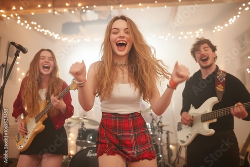 A band of young musicians performs an energetic song, the lead singer in the front singing with her arms raised, surrounded by her bandmates. photo