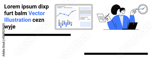 Woman analyzing data charts on diagram, holding paper and pen, laptop, clock and graphs. Ideal for business, analytics, presentations, data analysis, reporting, time management, professional work