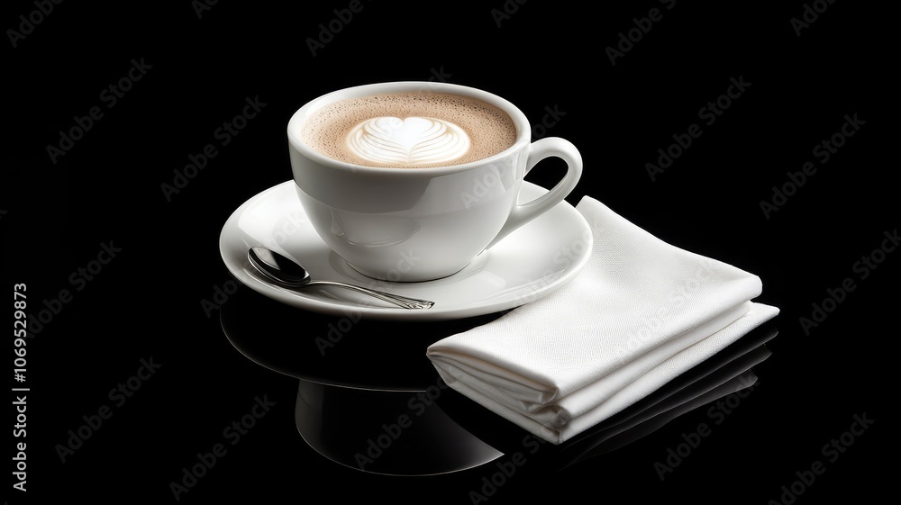 White cup with latte art, saucer, spoon, and napkin on black background White cup with latte art, saucer, spoon, and napkin on black background