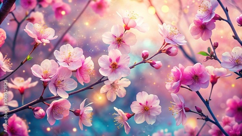 Pink cherry blossoms bloom surrealistically, a seamless pattern. photo