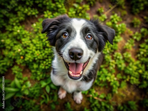 Playful black and white puppy, wide outdoor panorama, joyful pet portrait.