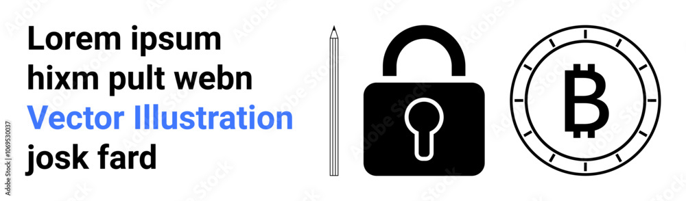 Pencil, lock, and Bitcoin coin symbols beside placeholder text. Ideal for digital security, cryptocurrency, fintech, blockchain, data protection, online transactions, educational materials. Landing Pencil, lock, and Bitcoin coin symbols beside placeholder text. Ideal for digital security, cryptocurrency, fintech, blockchain, data protection, online transactions, educational materials. Landing