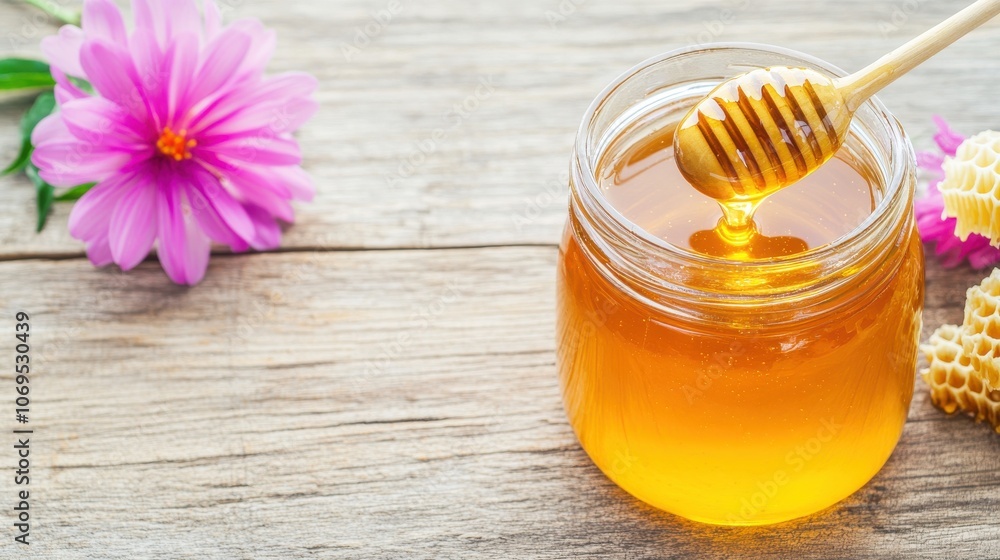 A spoon dipping into a jar of fresh golden honey, with honeycomb pieces and blooming flowers nearby on a rustic table. A spoon dipping into a jar of fresh golden honey, with honeycomb pieces and blooming flowers nearby on a rustic table.