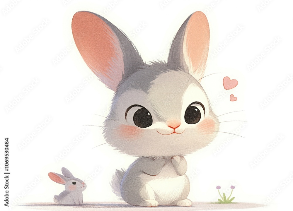 Obraz premium A cute, cartoon-style rabbit with large ears and a small companion, expressing joy and affection.