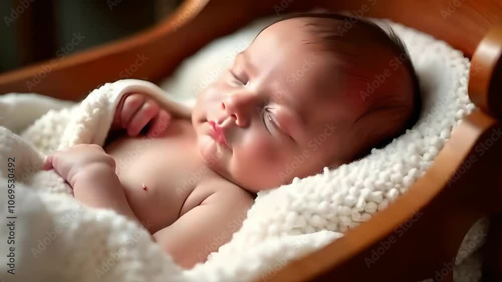Sleeping newborn in wooden cradle wrapped in soft blanket, representing peace, innocence, and early childhood
Sleeping newborn in wooden cradle wrapped in soft blanket, representing peace, innocence, and early childhood
