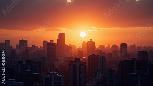 Sunset over city skyline with silhouetted buildings under orange sky. Peaceful, urban, end of day. Generative, AI.