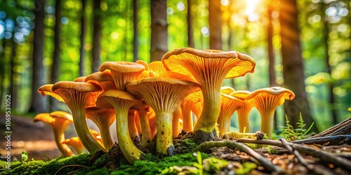 Sun-drenched forest floor, golden chanterelles bloom, depth of field sharpens their beauty.