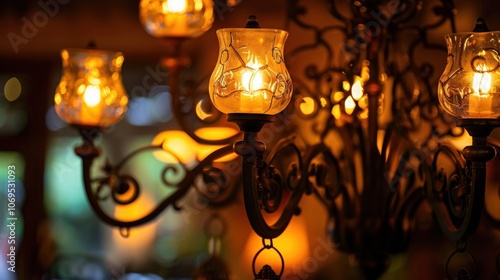 Warm lighting radiating from traditional iron chandeliers creating a cozy and intimate setting for guests to enjoy their tea. photo