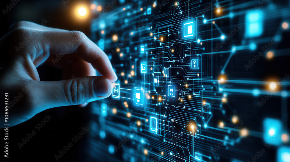 hand interacting with digital technology interface, showcasing diverse data connections and glowing elements. scene conveys innovation and modernity hand interacting with digital technology interface, showcasing diverse data connections and glowing elements. scene conveys innovation and modernity