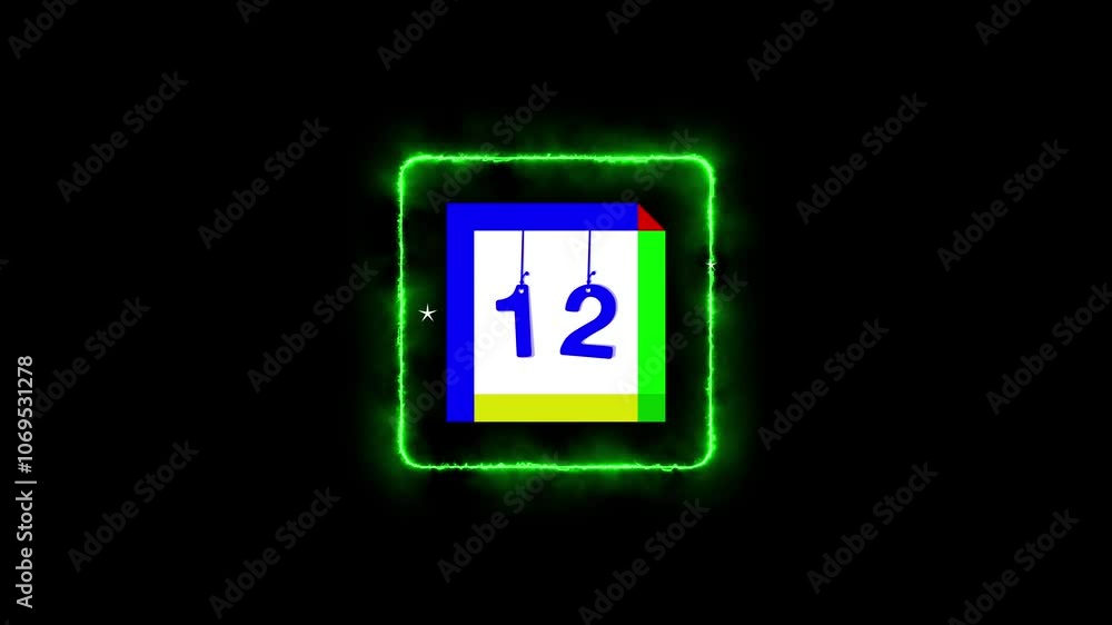 Neon Glow Sign: Calendar Page Icon Animation with '12' Date in 4K – Modern Countdown Visual for Time Tracking, Scheduling, and Event Planning. Neon Glow Sign: Calendar Page Icon Animation with '12' Date in 4K – Modern Countdown Visual for Time Tracking, Scheduling, and Event Planning.