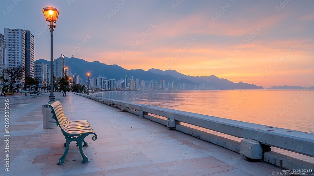 Obraz premium Experience tranquility as the sun sets over the serene waterfront and city skyline