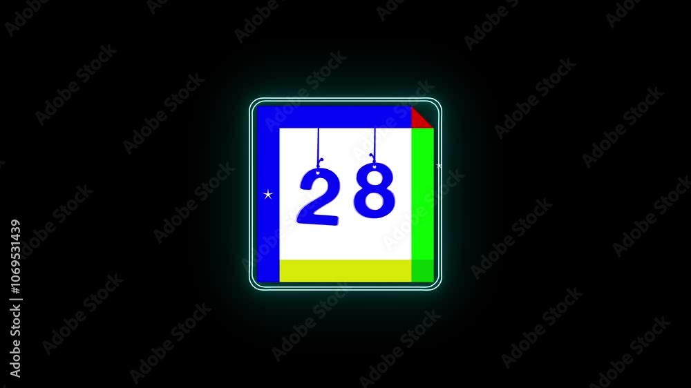 Neon Glow Sign: Calendar Page Icon Animation with '28' Date in 4K – Modern Countdown Visual for Time Tracking, Scheduling, and Event Planning. Neon Glow Sign: Calendar Page Icon Animation with '28' Date in 4K – Modern Countdown Visual for Time Tracking, Scheduling, and Event Planning.