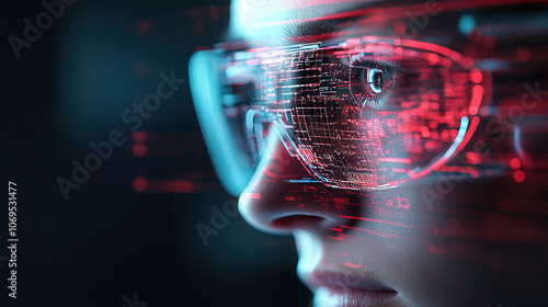 Close up of person wearing futuristic glasses with digital data overlay, showcasing advanced technology and innovation in modern setting