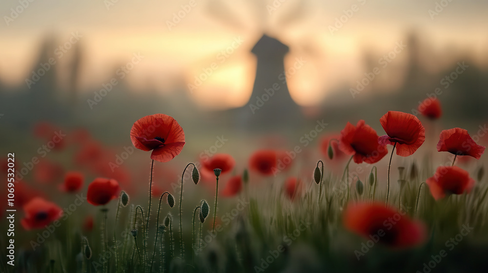 Fototapeta premium field of vibrant red poppy flowers swaying gently in breeze, with rustic windmill in background, creating serene and picturesque landscape at sunset