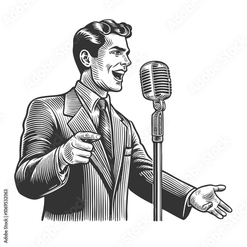 Stand up showman cheerful performer holding a vintage microphone, evoking classic entertainment and retro charm sketch engraving generative ai vector illustration. Black and white image.