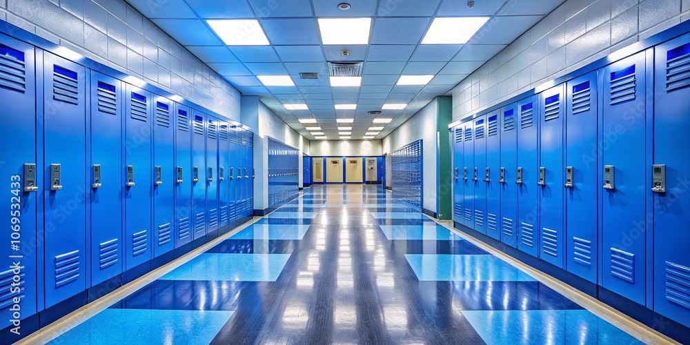 Fototapeta premium A brightly lit hallway lined with rows of blue lockers, the checkered floor reflects the overhead lights, creating an endless perspective of order and anticipation.