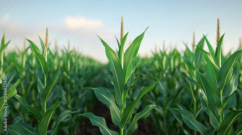 Rows of green corn plants growing in a field with a blue sky and white clouds in the background. Rows of green corn plants growing in a field with a blue sky and white clouds in the background.