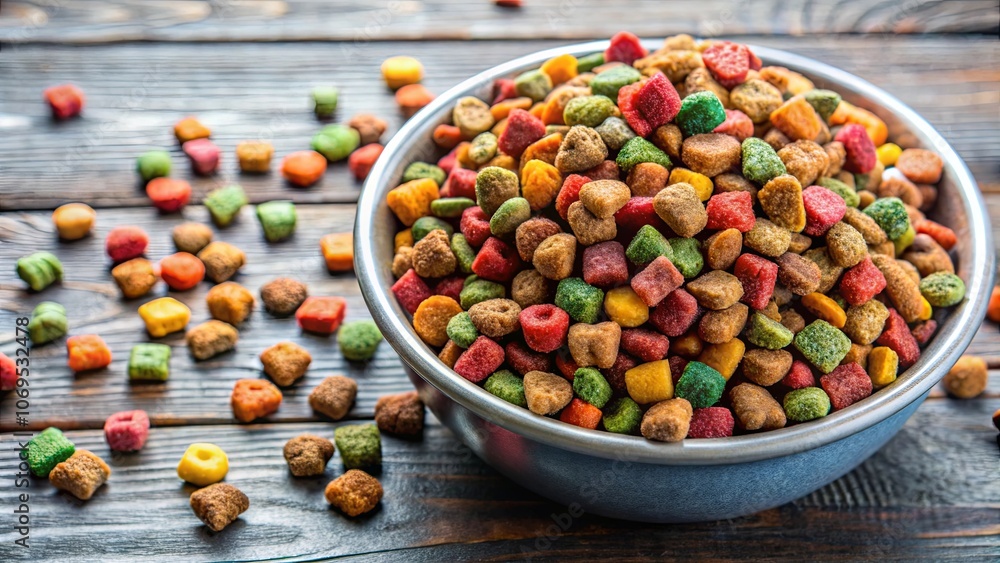 A bowl of colorful kibble, scattered on a rustic wooden surface, captures the essence of nourishing a furry companion. A bowl of colorful kibble, scattered on a rustic wooden surface, captures the essence of nourishing a furry companion.
