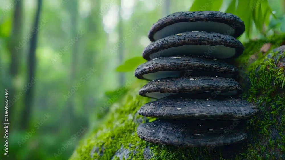 Stack of dark mushrooms on mossy tree trunk in a forest. Stack of dark mushrooms on mossy tree trunk in a forest.