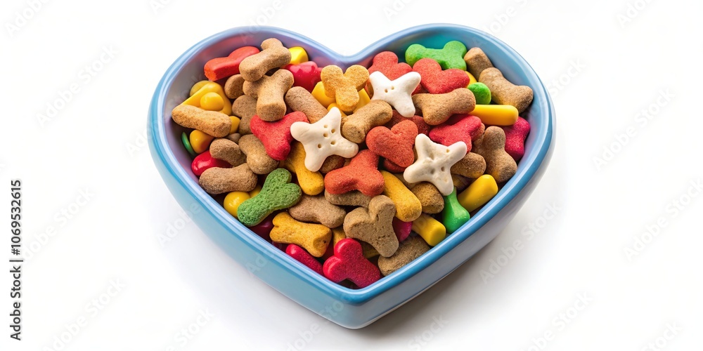 A heart shaped bowl overflowing with colorful and varied treats for a beloved furry companion. A heart shaped bowl overflowing with colorful and varied treats for a beloved furry companion.