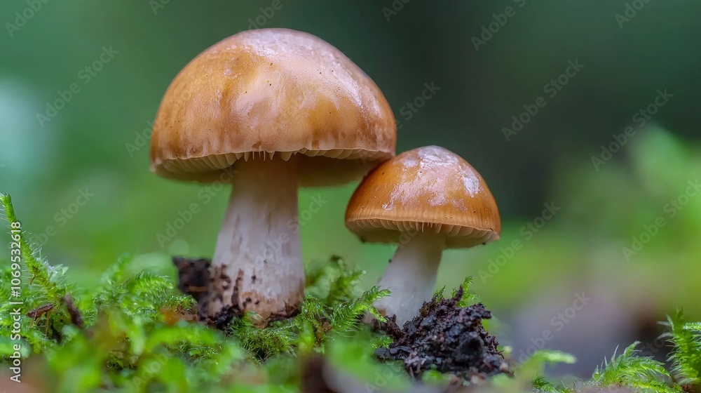 Two brown mushrooms growing in green moss with a blurred green background. Two brown mushrooms growing in green moss with a blurred green background.