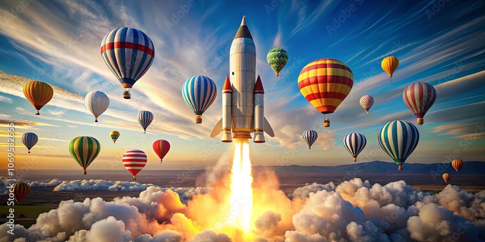 Obraz premium A powerful rocket ascends through the sky, leaving a trail of fiery exhaust, amidst a field of colorful hot air balloons, symbolizing the pursuit of innovation and progress.