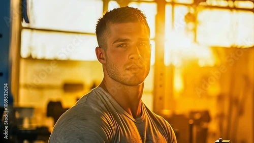 Young Caucasian male in gym focuses intently, bathed in soft golden sunset light. His casual attire and stern expression suggest determination and resilience.