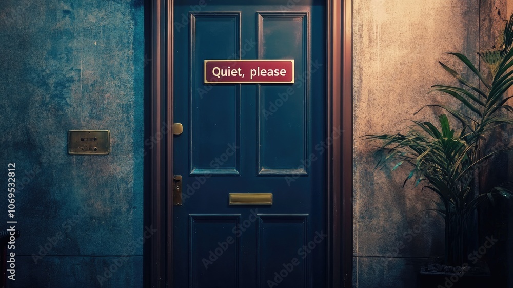 Dim hallway with blue door and Dim hallway with blue door and