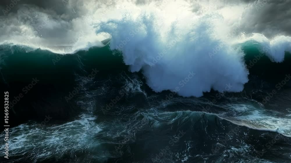 A large wave crashes against the coast during a storm A large wave crashes against the coast during a storm